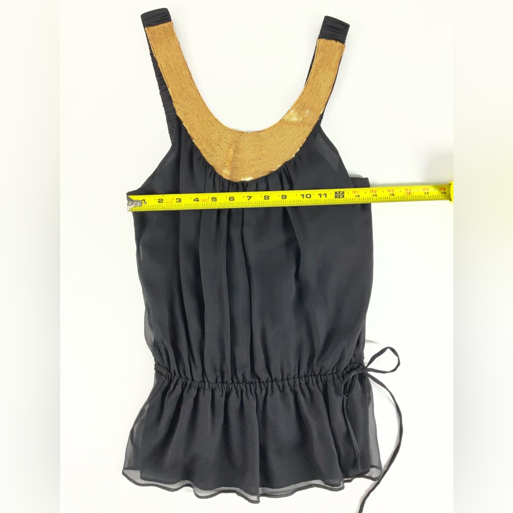 NU by Mark Anthony Black Sleeveless Silk Top Gold Sequin Neckline Women’s Small - Picture 5 of 11